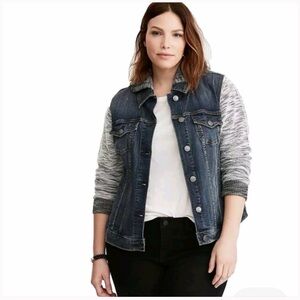 Women's Denim Jacket with Gray Knit Sleeves